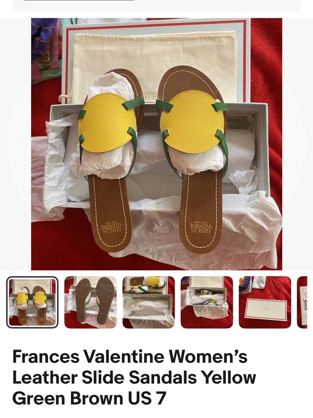 Frances Valentine Yellow Round Leather Slide Sandals with Green Straps